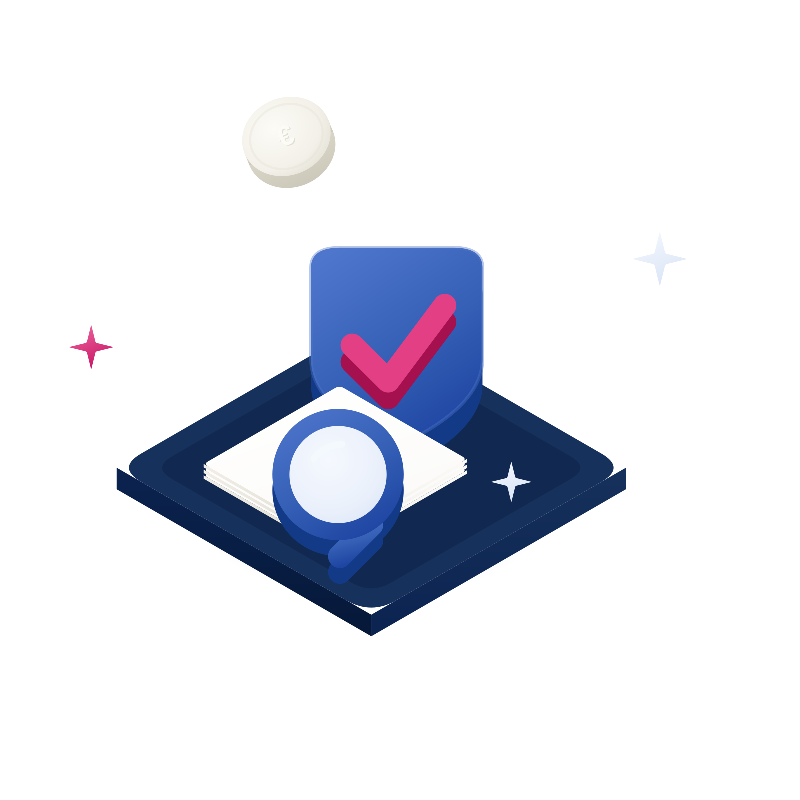 Isometric 3D illustration: a document with a magnifying glass and a check-marked shield