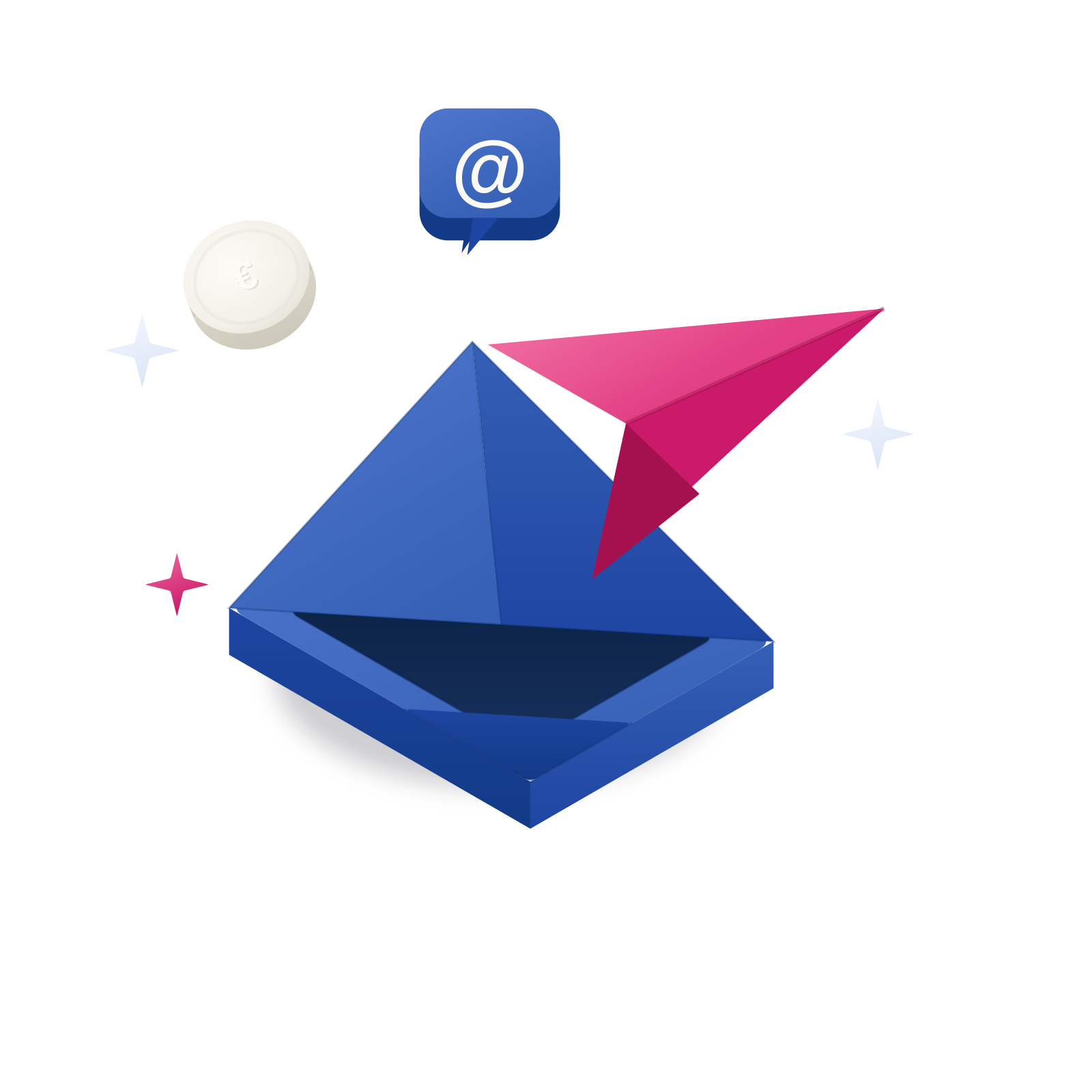 Isometric 3D illustration: an open envelope with an “@” badge and a “€” coin