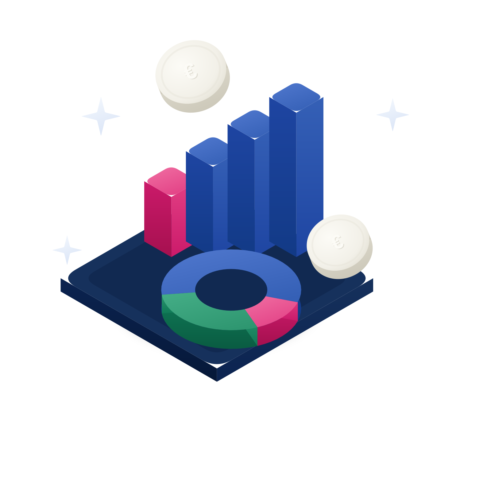 Isometric 3D illustration: a rising bar chart and a ring chart with “€” coins on a deep-blue slab
